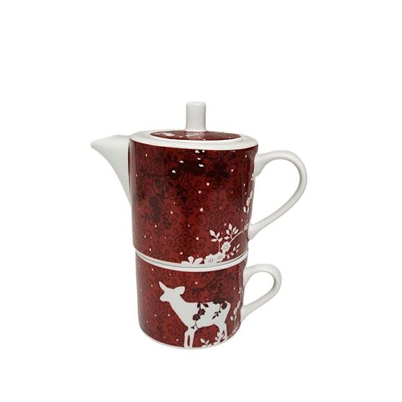 Rosanna Deer & Birds Red Porcelain Stacking Teapot & Teacup for One - Picture 1 of 12